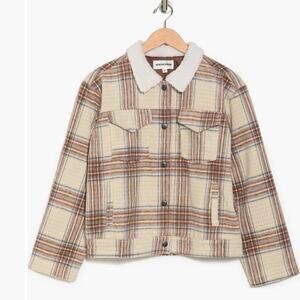 Vigoss Plaid Faux Shearling Collar Crop Trucker Jacket Size M